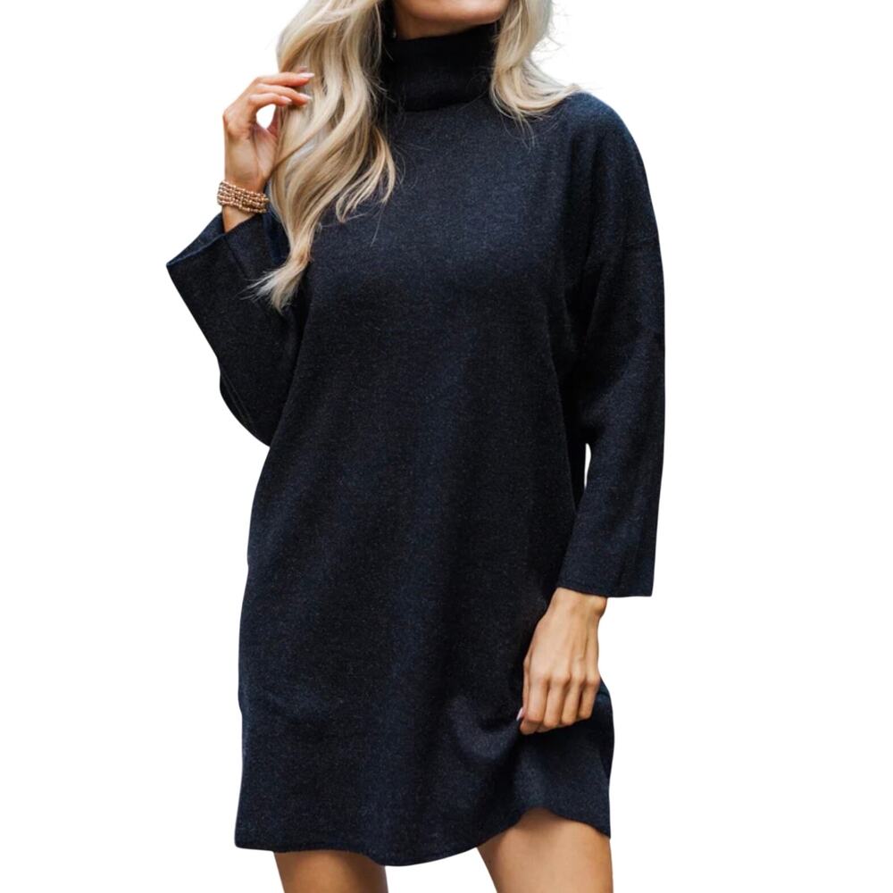Tulip B Unique Vintage Black Ribbed Turtleneck Long Sleeve Sweater Dress L NWT